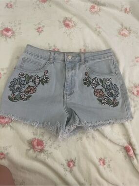 Forever 21 Light Blue Denim Shorts with Floral Embroidery